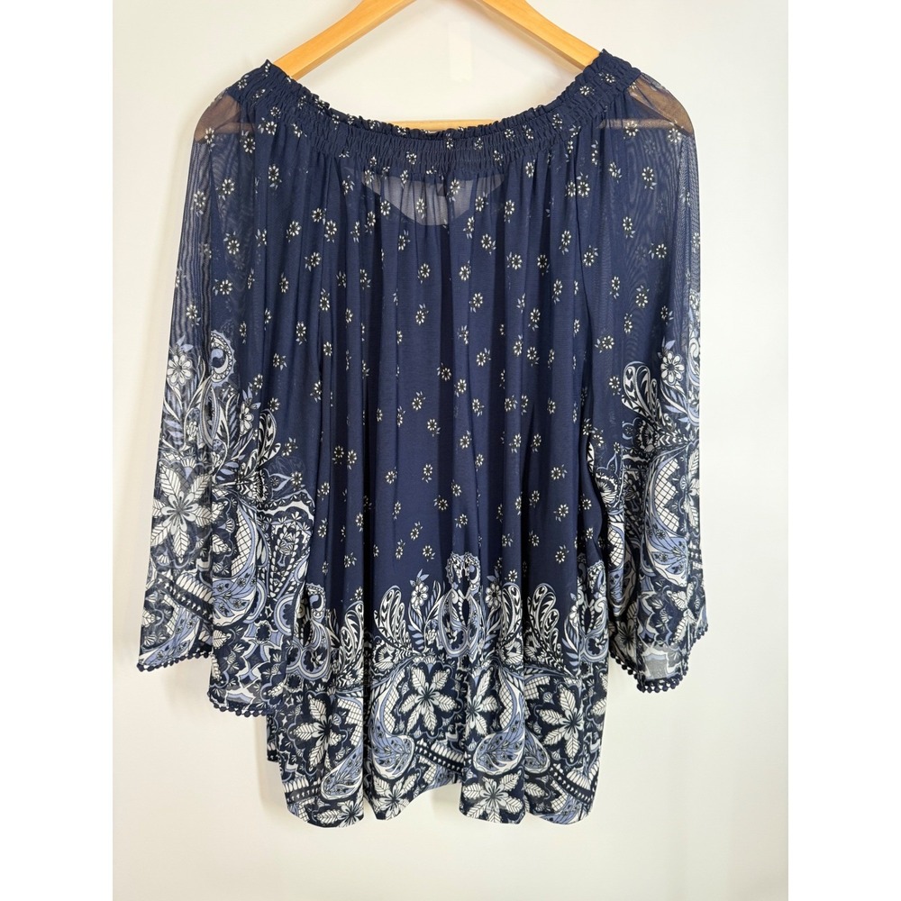 Democracy Womens Size 1X Navy Blue Floral Paisley Peasant Bell Sleeve Blouse Top - Picture 8 of 10